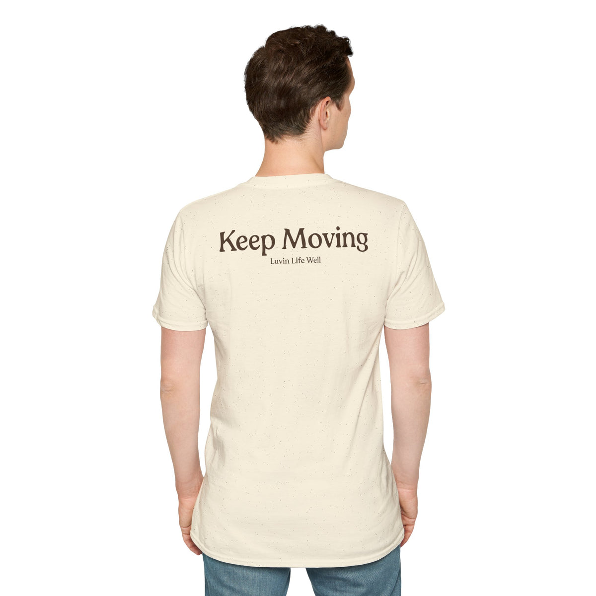 Luvin Life Well Emblem Shirt with Keep Moving Back – Minimal Beach Sunset Tee with Small Retro Coastal Graphic