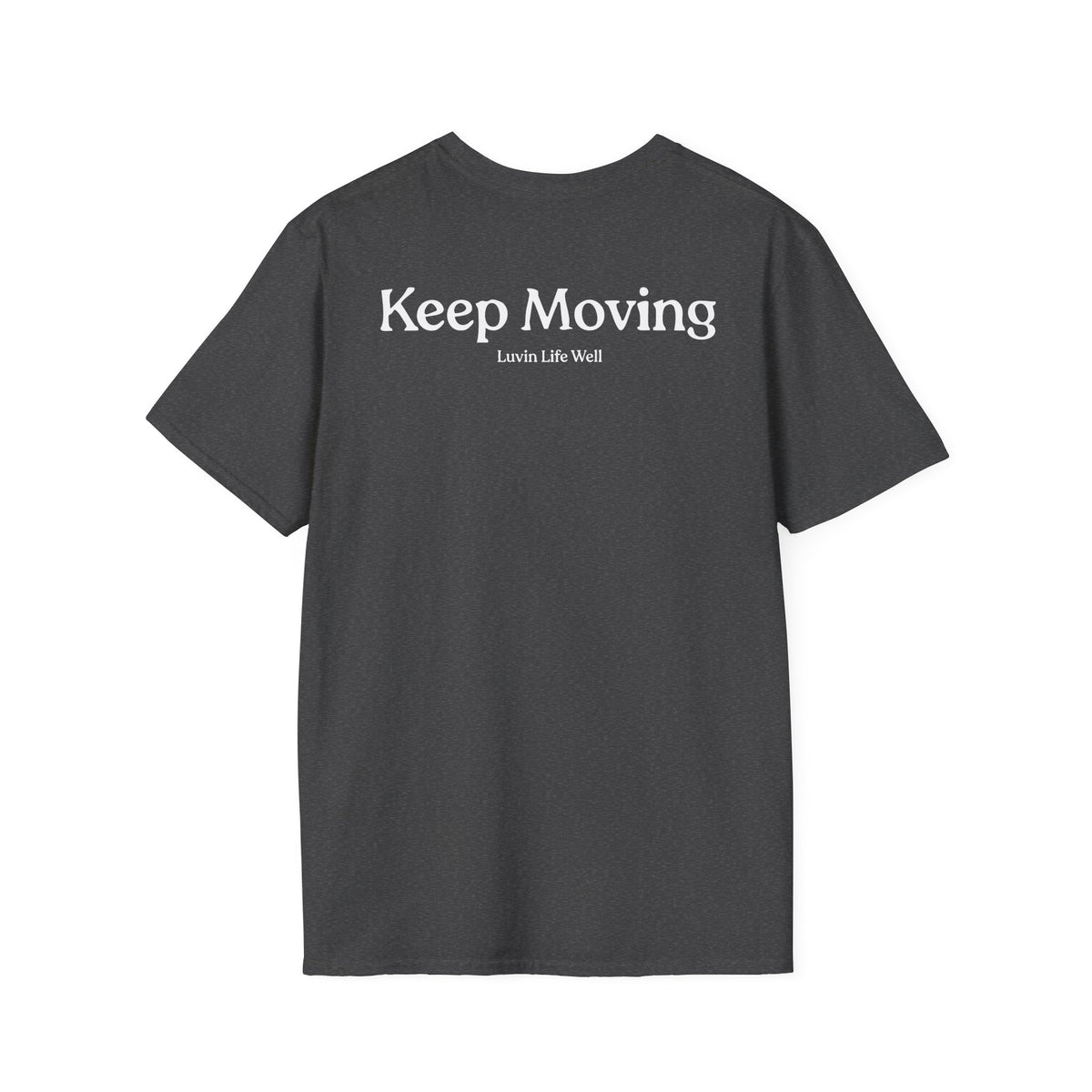 Luvin Life Well Emblem Shirt with Keep Moving Back – Minimal Beach Sunset Tee with Small Retro Coastal Graphic