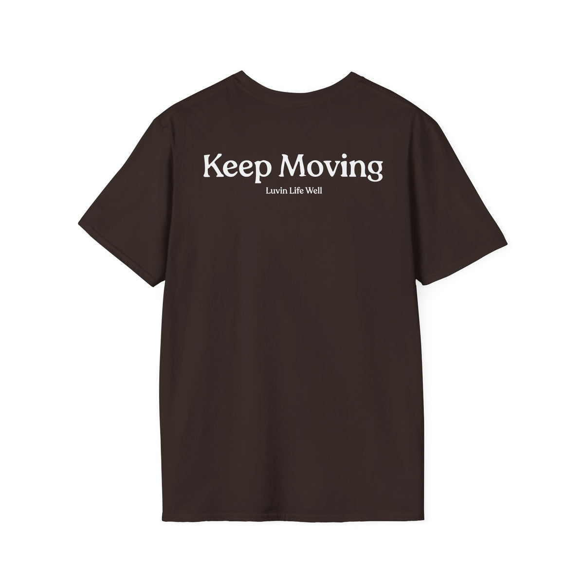Luvin Life Well Emblem Shirt with Keep Moving Back – Minimal Beach Sunset Tee with Small Retro Coastal Graphic
