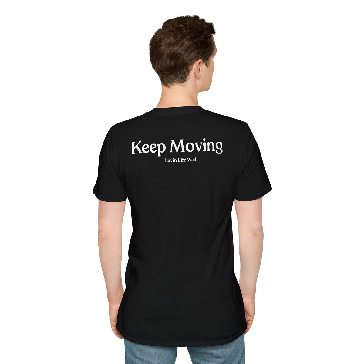 Luvin Life Well Emblem Shirt with Keep Moving Back – Minimal Beach Sunset Tee with Small Retro Coastal Graphic
