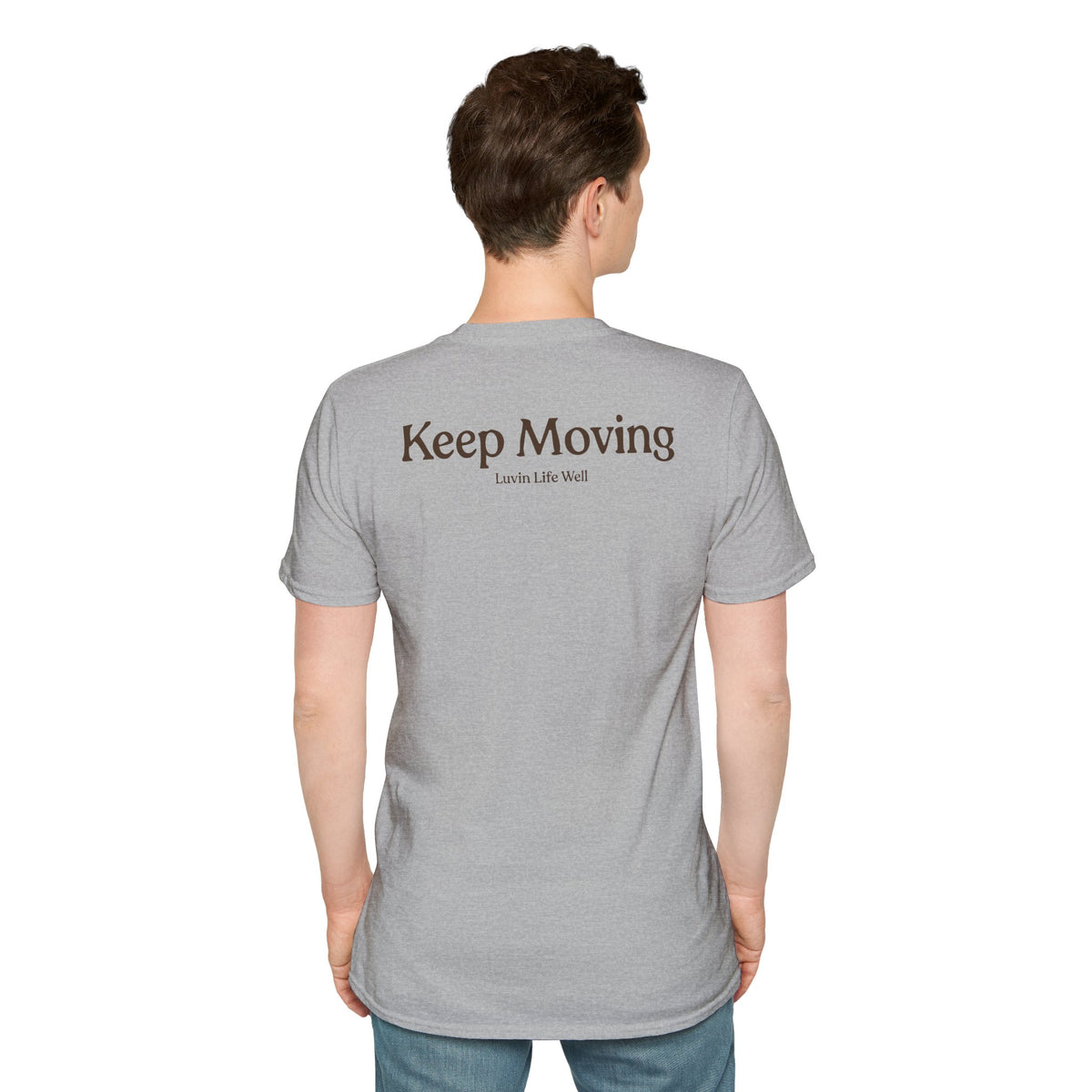 Luvin Life Well Emblem Shirt with Keep Moving Back – Minimal Beach Sunset Tee with Small Retro Coastal Graphic
