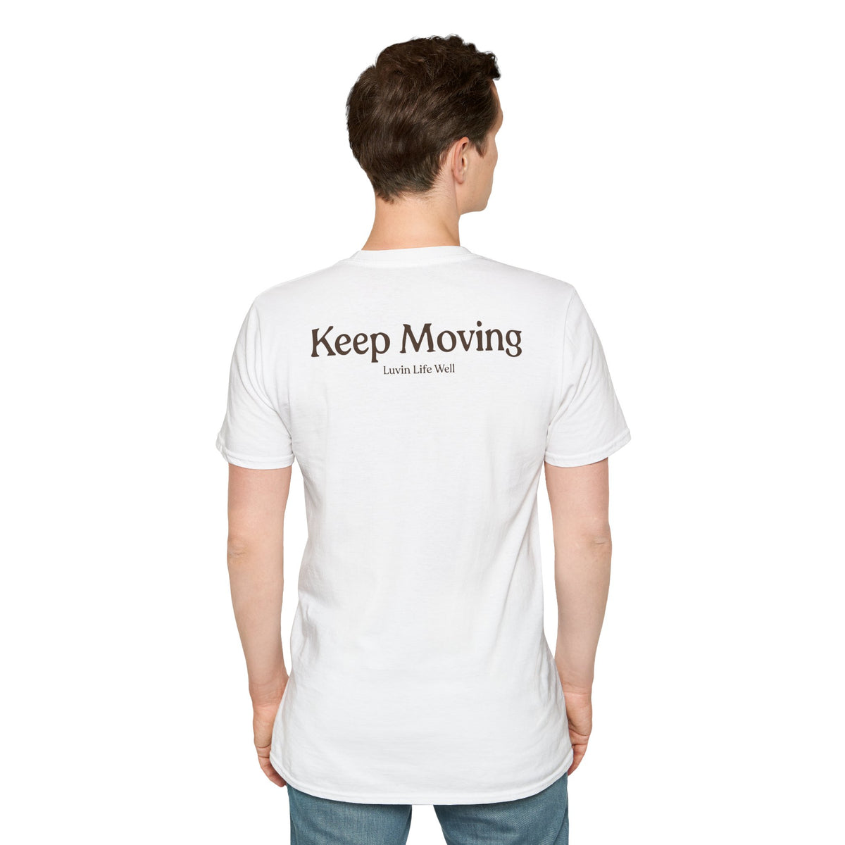 Luvin Life Well Emblem Shirt with Keep Moving Back – Minimal Beach Sunset Tee with Small Retro Coastal Graphic