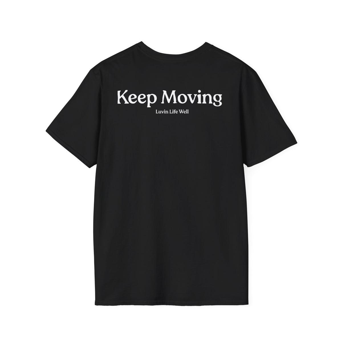 Luvin Life Well Emblem Shirt with Keep Moving Back – Minimal Beach Sunset Tee with Small Retro Coastal Graphic