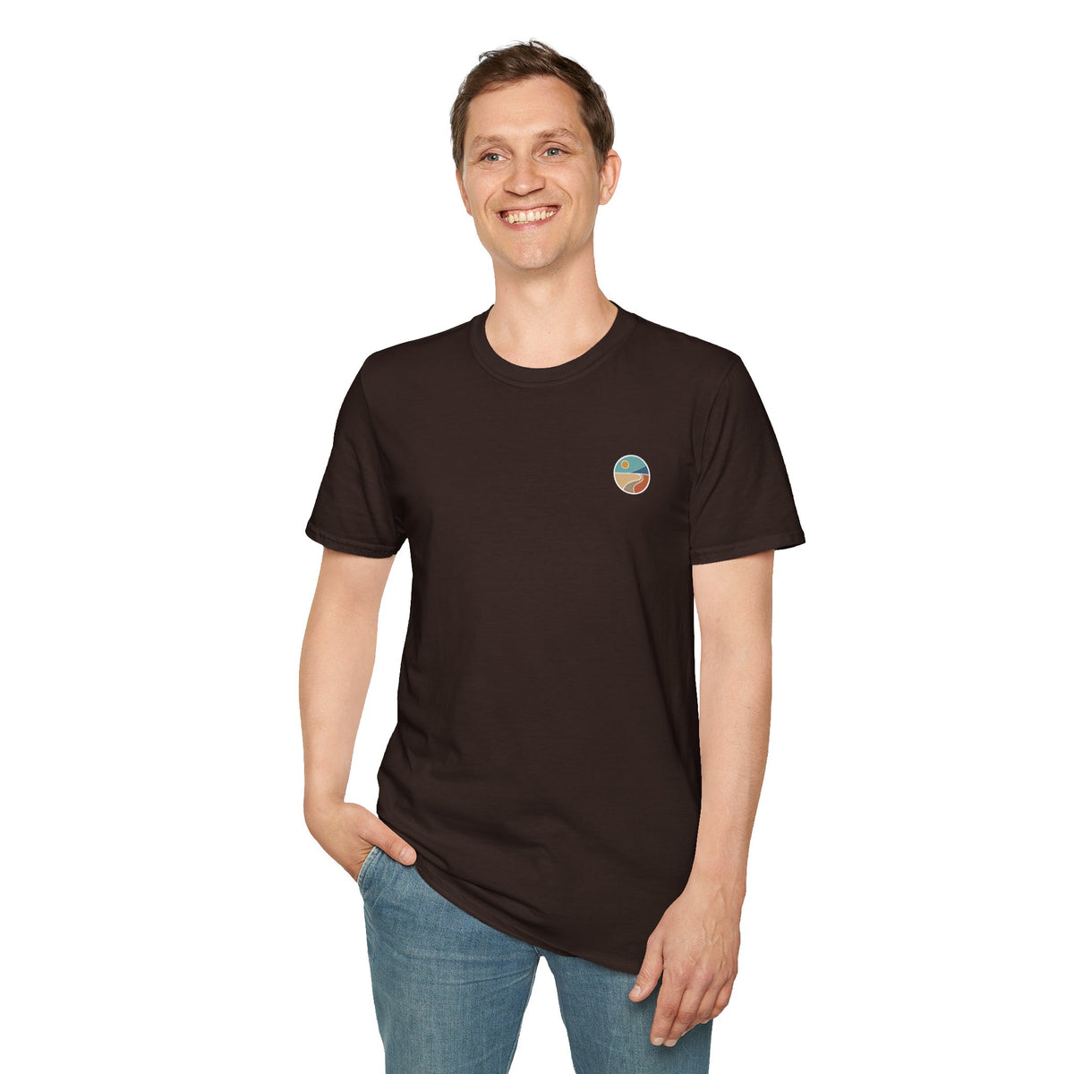 Luvin Life Well Emblem Shirt with Keep Moving Back – Minimal Beach Sunset Tee with Small Retro Coastal Graphic