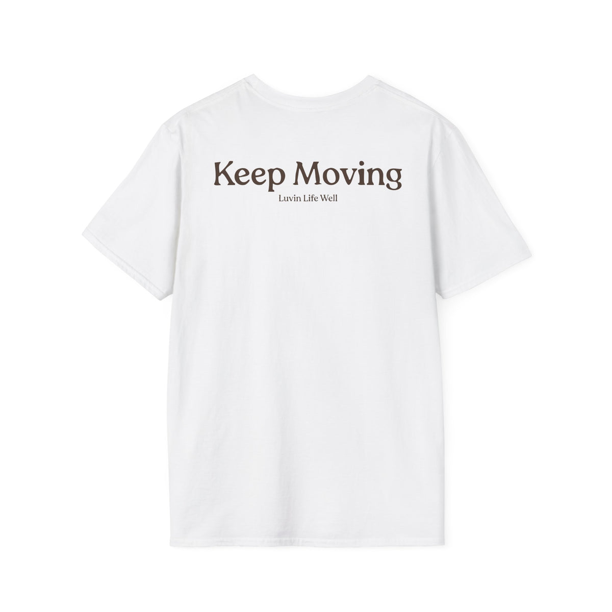 Luvin Life Well Emblem Shirt with Keep Moving Back – Minimal Beach Sunset Tee with Small Retro Coastal Graphic
