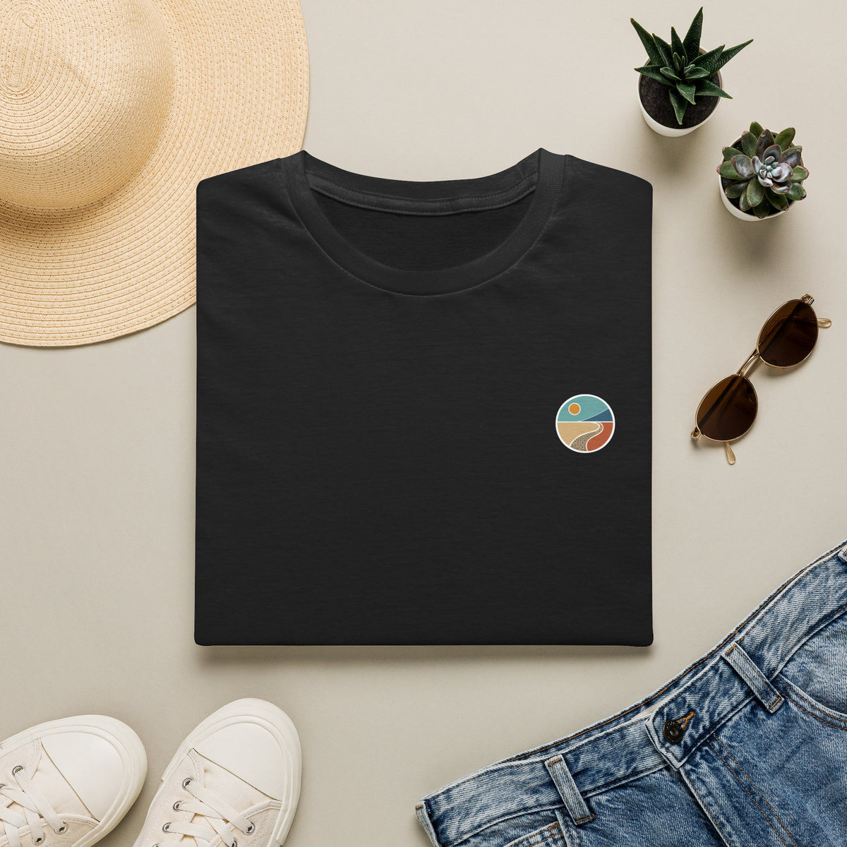 Luvin Life Well Emblem Shirt with Keep Moving Back – Minimal Beach Sunset Tee with Small Retro Coastal Graphic