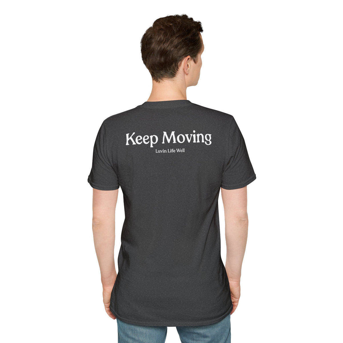Luvin Life Well Emblem Shirt with Keep Moving Back – Minimal Beach Sunset Tee with Small Retro Coastal Graphic