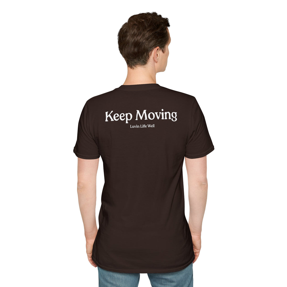 Luvin Life Well Emblem Shirt with Keep Moving Back – Minimal Beach Sunset Tee with Small Retro Coastal Graphic