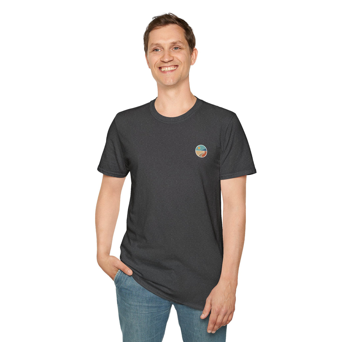 Luvin Life Well Emblem Shirt with Keep Moving Back – Minimal Beach Sunset Tee with Small Retro Coastal Graphic