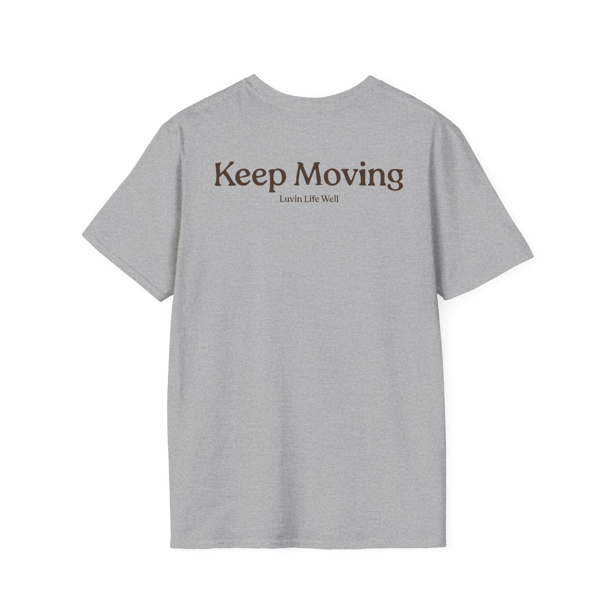 Luvin Life Well Emblem Shirt with Keep Moving Back – Minimal Beach Sunset Tee with Small Retro Coastal Graphic